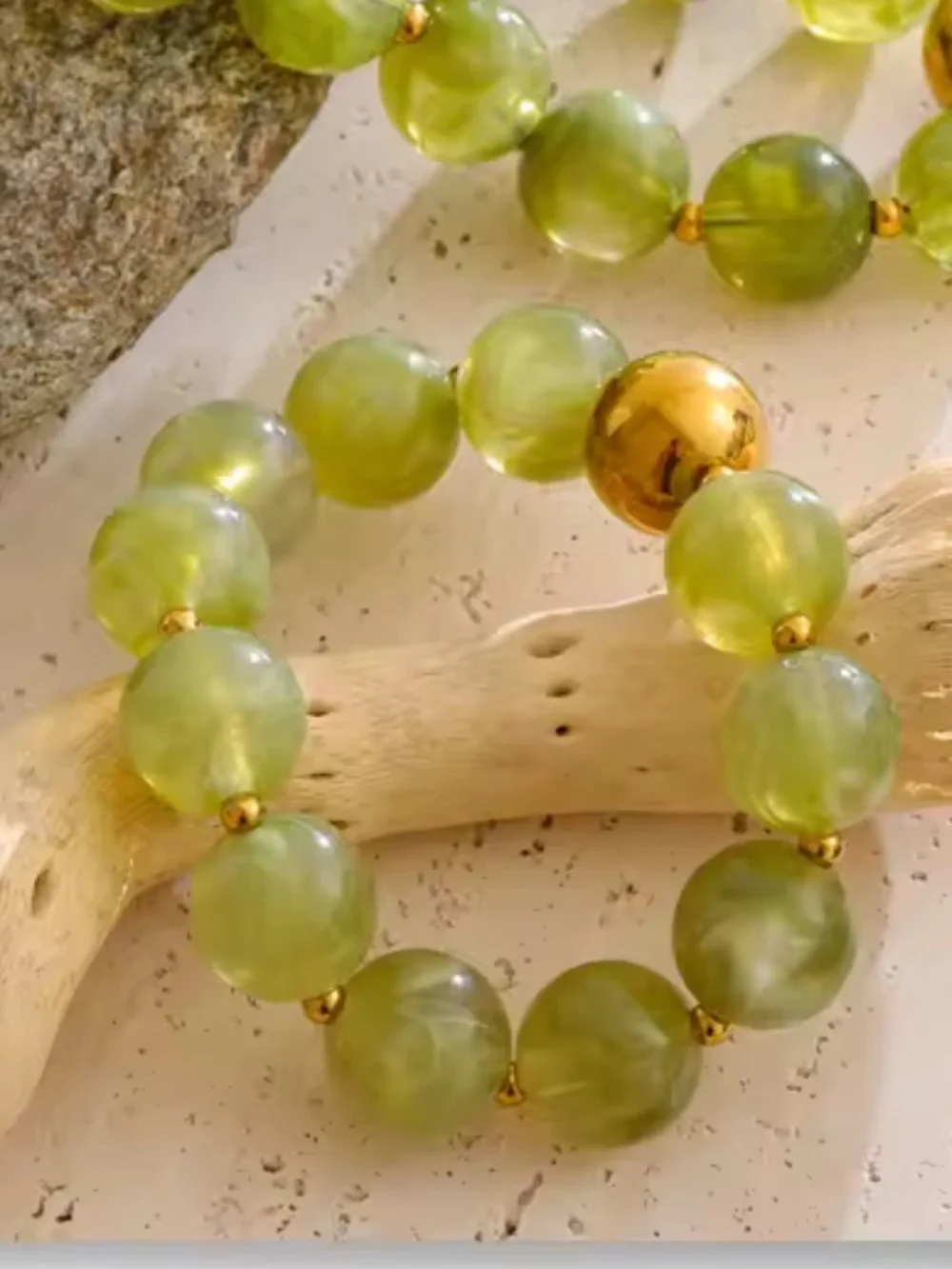 Green Beaded Stretch Bracelet with Gold Accent